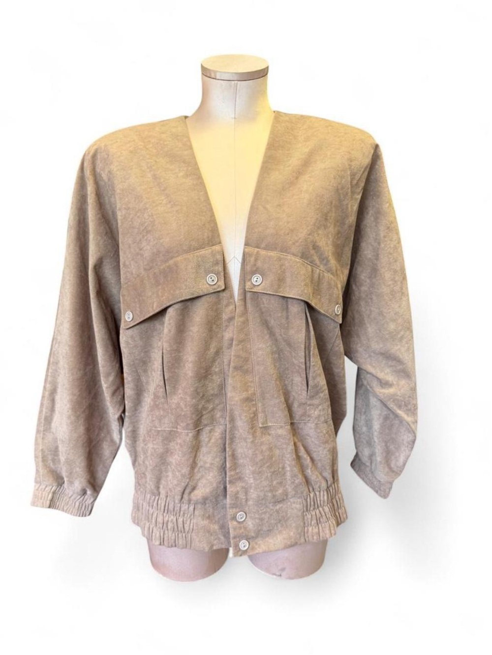 Vintage Taupe Faux Suede Open Front Bomber Jacket